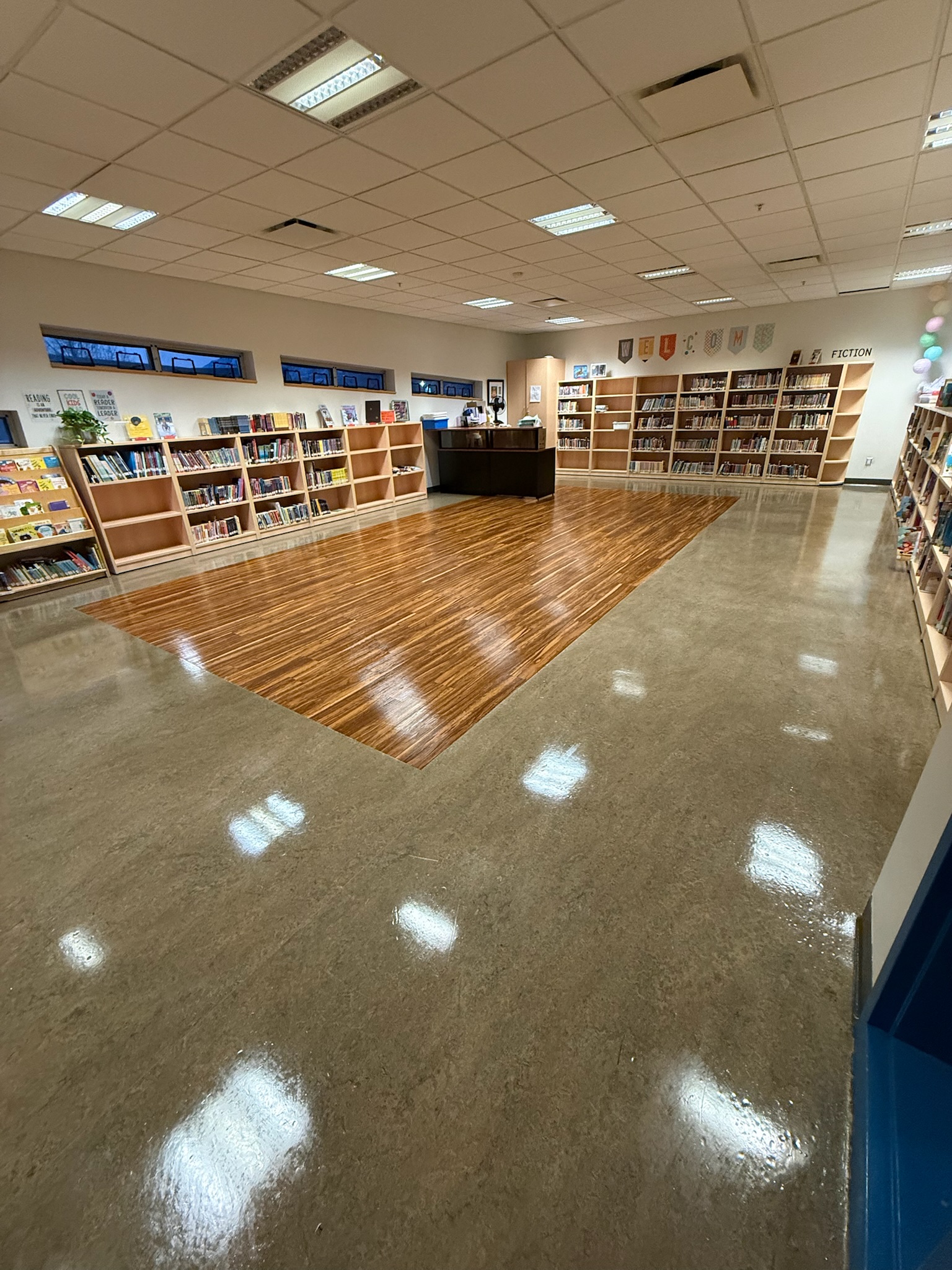 School floor after scrub strip wax